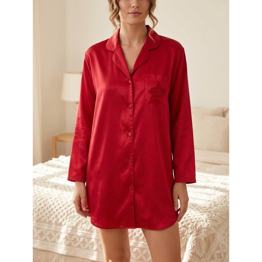 Vintage Victoria's Secret Red Satin Floral Embroidered Sleep Dress L 90s Y2K